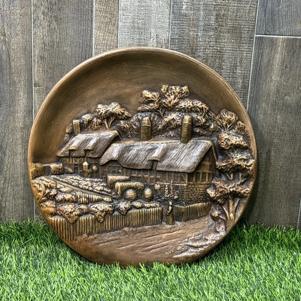 Vintage MCM Chalkware Farmhouse Cottage Wall Plaque 3D Relief Rustic Decor